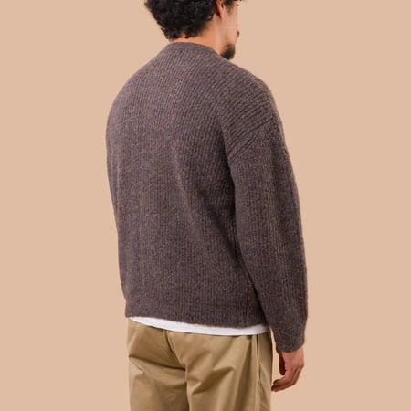 flaneurs Frizmworks Brushed Wool Round Cardigan Brown worn back