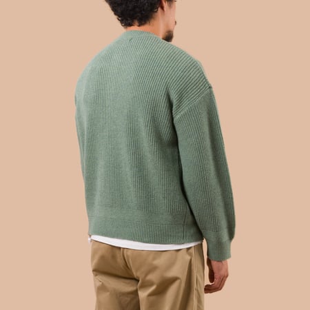 flaneurs Frizmworks Heavy Wool Round Cardigan Jade Green worn back