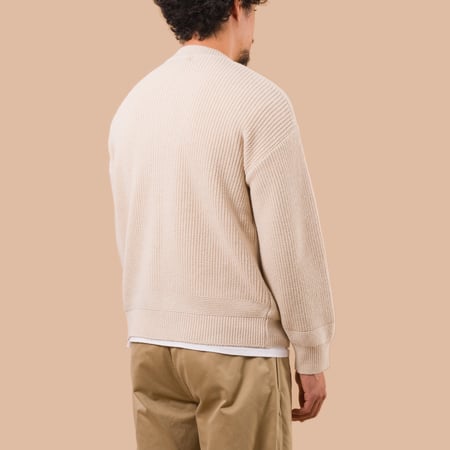 flaneurs Frizmworks Heavy Wool Round Cardigan Cream worn back