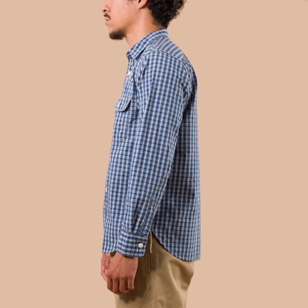 Flaneurs FOB Factory F3516 Indigo Check Work Shirt worn side
