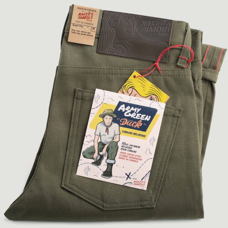 vignette flâneurs NAKED & FAMOUS SuperGuy Army Green "Duck" Canvas Selvedge