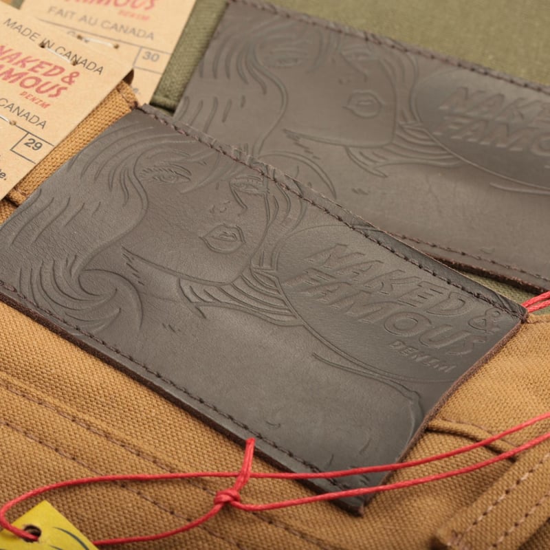 flâneurs NAKED & FAMOUS SuperGuy Army Green "Duck" Canvas Selvedge patch en cuir
