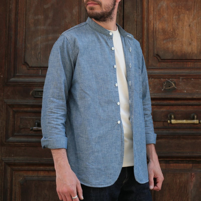 F3428 Selvedge Chambray Band Collar Shirt