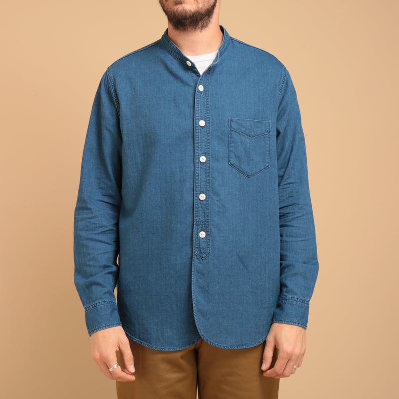 F3486 Indigo Herringbone Band Collar Shirt