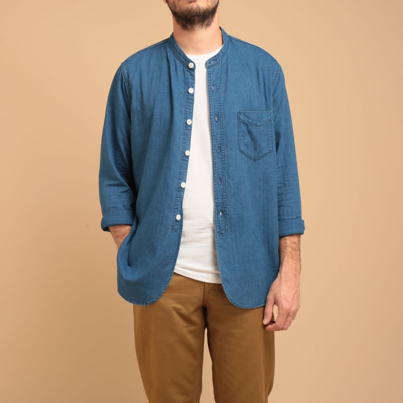 F3486 Indigo Herringbone Band Collar Shirt