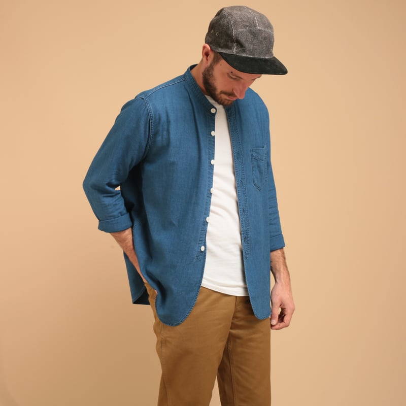 F3486 Indigo Herringbone Band Collar Shirt