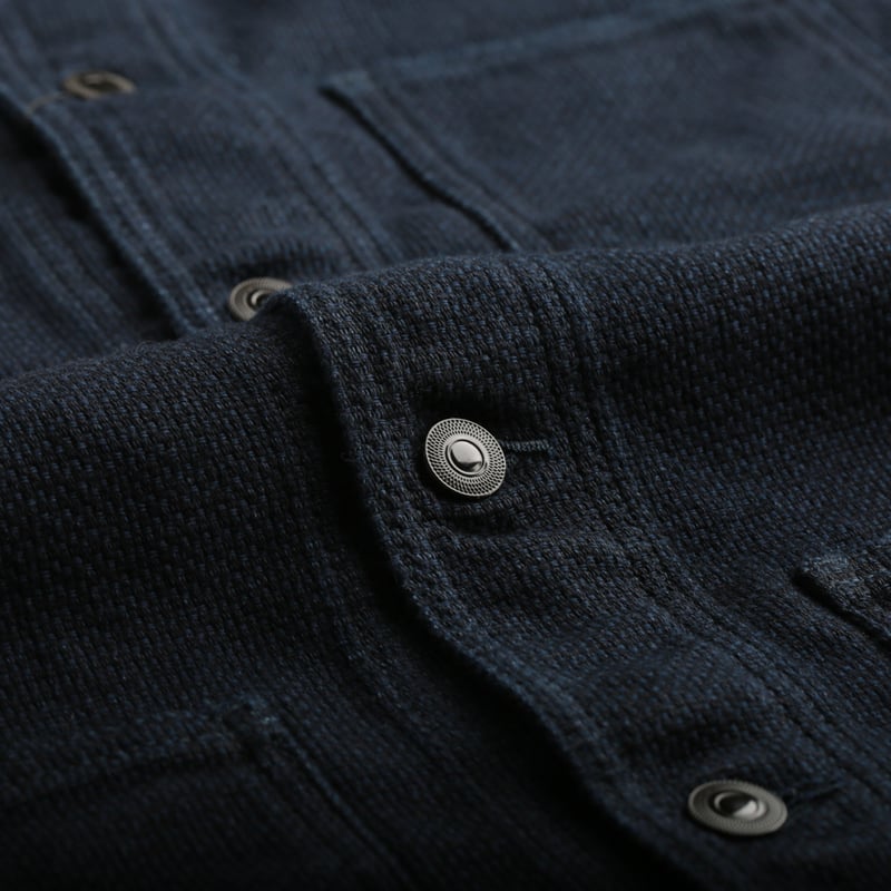 MOMOTARO Dobby Coverall Jacket in Indigo with Buttons and Loafers