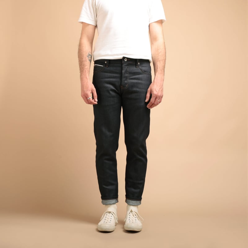 NAKED & FAMOUS SuperGuy Nightshade Stretch Selvedge jeans worn from the front