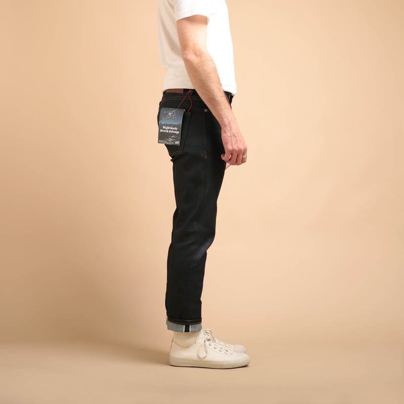 NAKED & FAMOUS SuperGuy Nightshade Stretch Selvedge jeans worn on the side