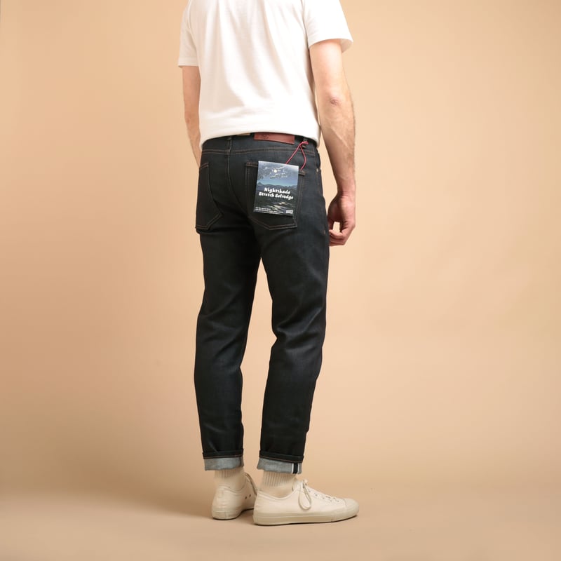 photo of flâneurs NAKED & FAMOUS SuperGuy Nightshade Stretch Selvedge worn from the back