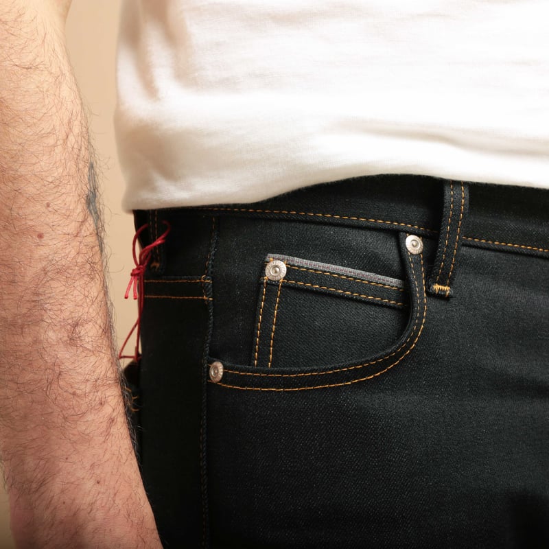 NAKED & FAMOUS SuperGuy Deep Indigo Stretch Selvedge worn in the coin pocket