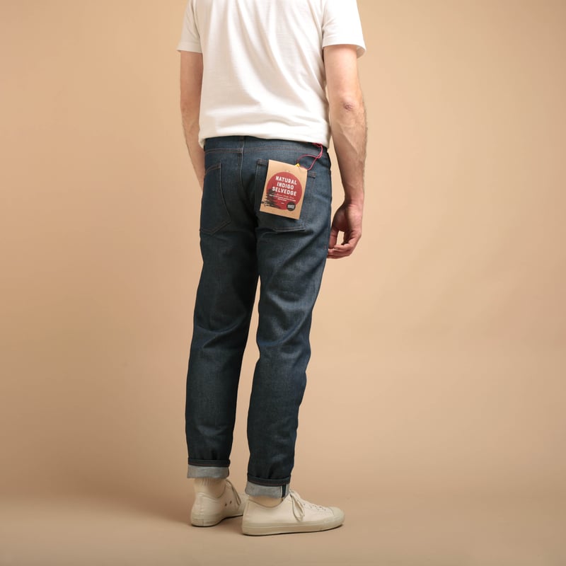 NAKED & FAMOUS SuperGuy Natural Indigo Selvedge worn from the back