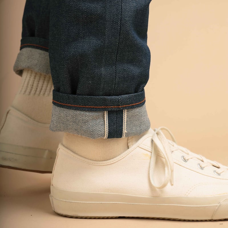 NAKED & FAMOUS SuperGuy Natural Indigo Selvedge jeans worn with ID selvedge