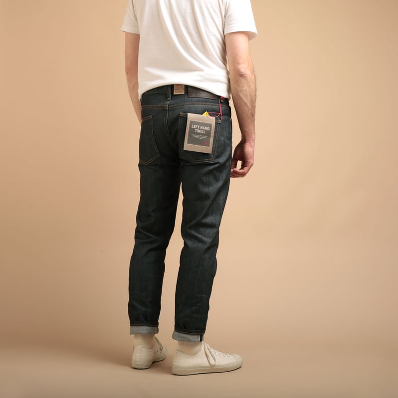 NAKED & FAMOUS SuperGuy Left Hand Twill Selvedge jeans worn from the back