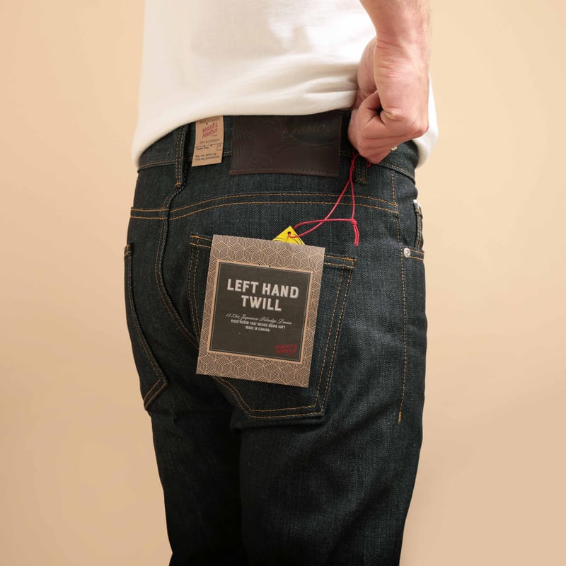 NAKED & FAMOUS SuperGuy Left Hand Twill Selvedge jeans worn on the back side