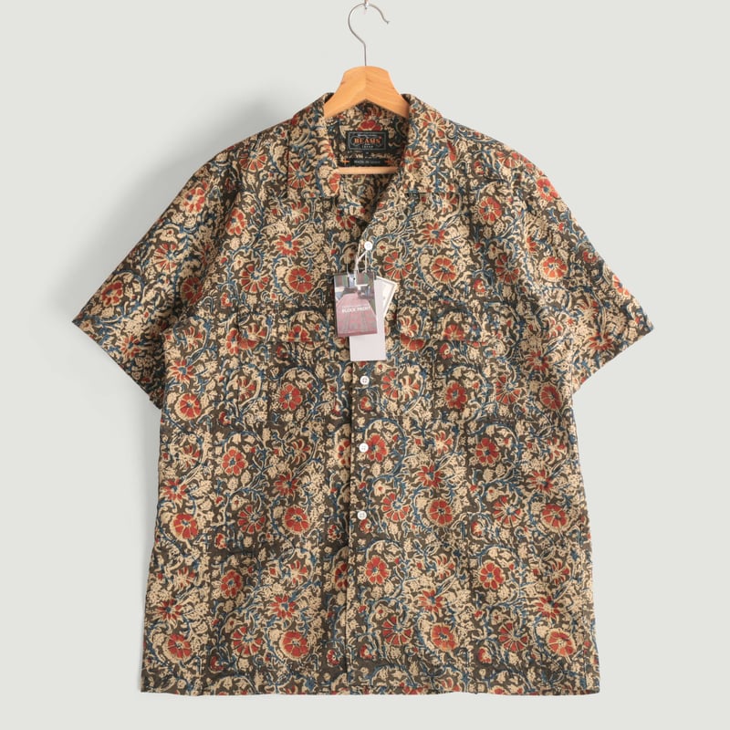 Open Collar Short Sleeve Shirt Block Print Olive