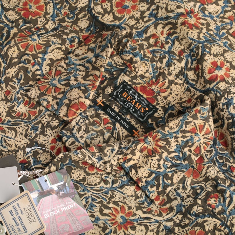 Open Collar Short Sleeve Shirt Block Print Olive