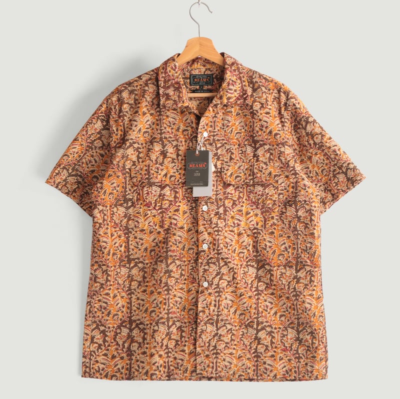 Open Collar S/S Shirt Block Print Brown