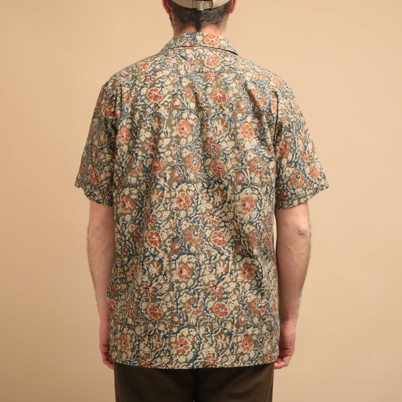 Open Collar Short Sleeve Shirt Block Print Olive