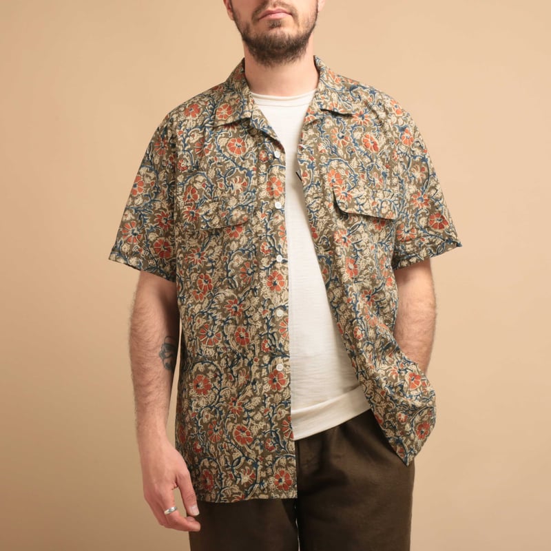 Open Collar S/S Shirt Block Print Olive