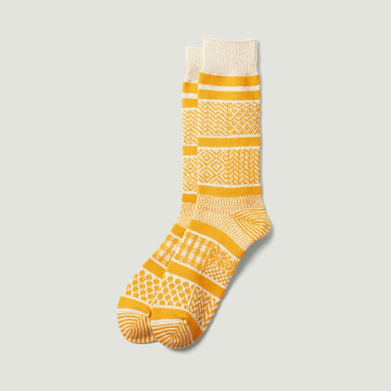 Multi Jacquard Crew Socks Ivory/Yellow