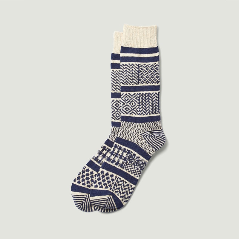 Multi Jacquard Crew Socks Ivory/Navy