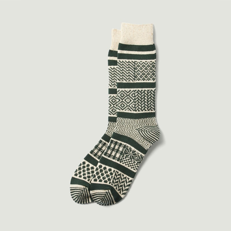 Multi Jacquard Crew Socks Ivory/D.Green