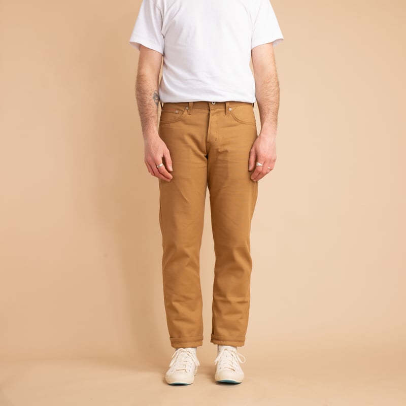 NAKED & FAMOUS WeirdGuy Army Green "Duck" Canvas Selvedge worn from the front
