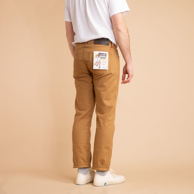 NAKED & FAMOUS WeirdGuy Army Green "Duck" Canvas Selvedge worn from the back