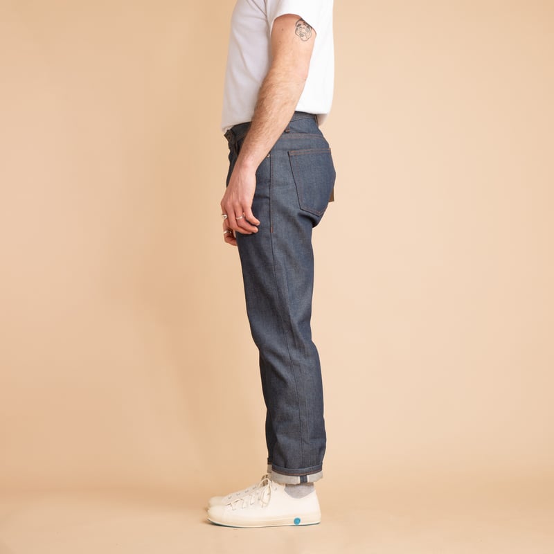 NAKED & FAMOUS WeirdGuy Natural Indigo Selvedge worn on the side
