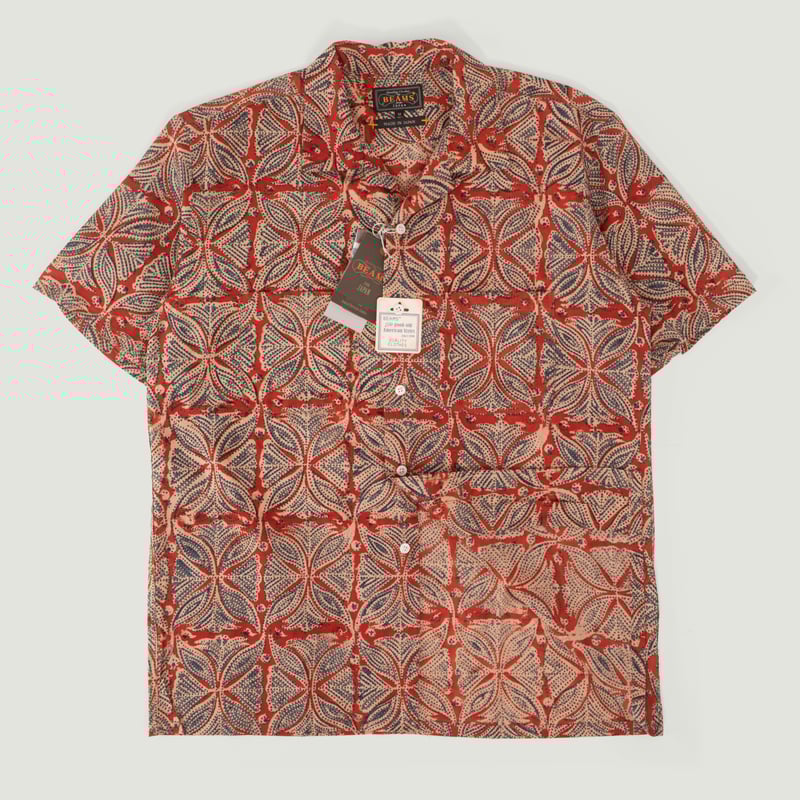 Open Collar Short Sleeve Shirt Block Print Vermillion