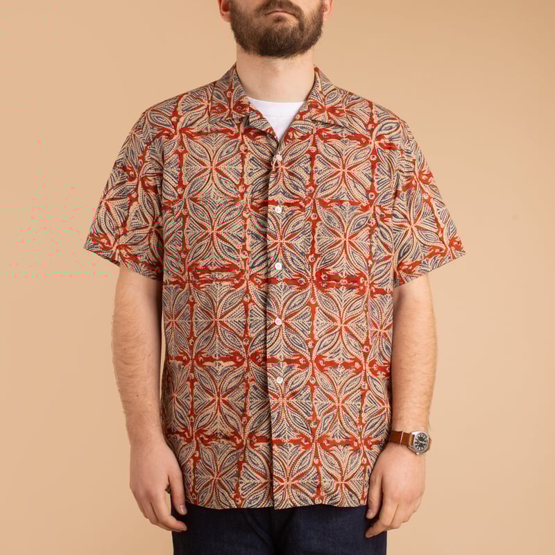 Open Collar Short Sleeve Shirt Block Print Vermillion