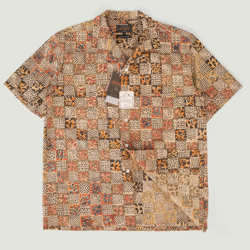 Open Collar Short Sleeve Shirt Block Print Square