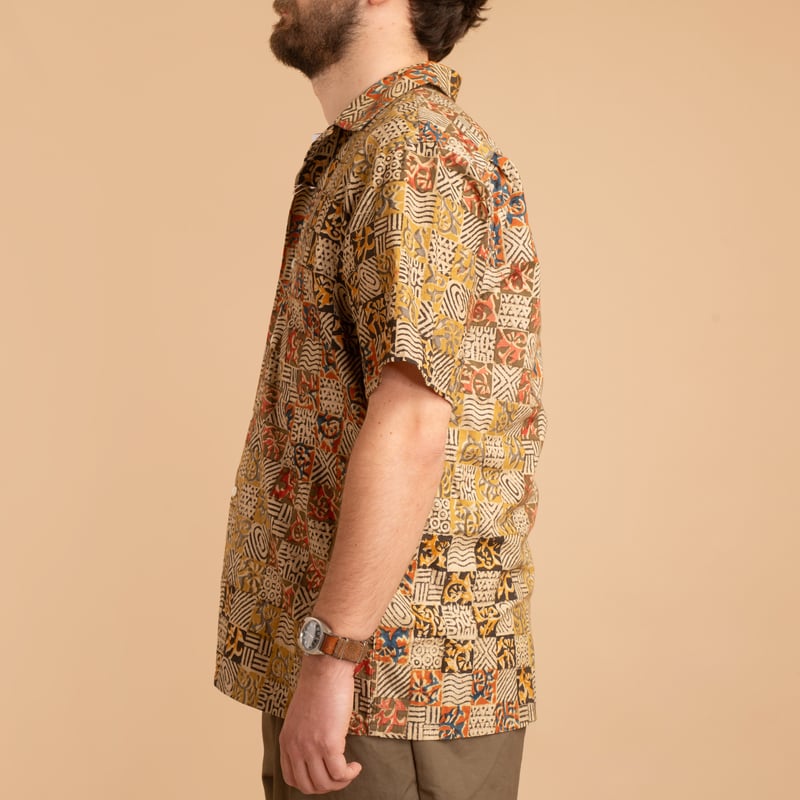 Open Collar Short Sleeve Shirt Block Print Square