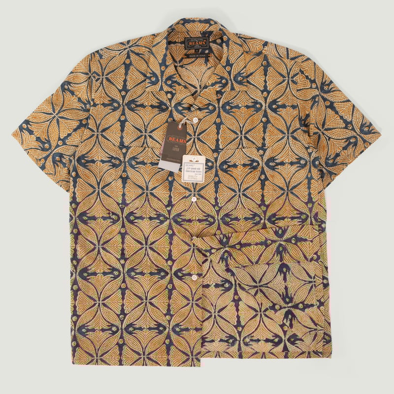 Open Collar Short Sleeve Shirt Block Print Blue