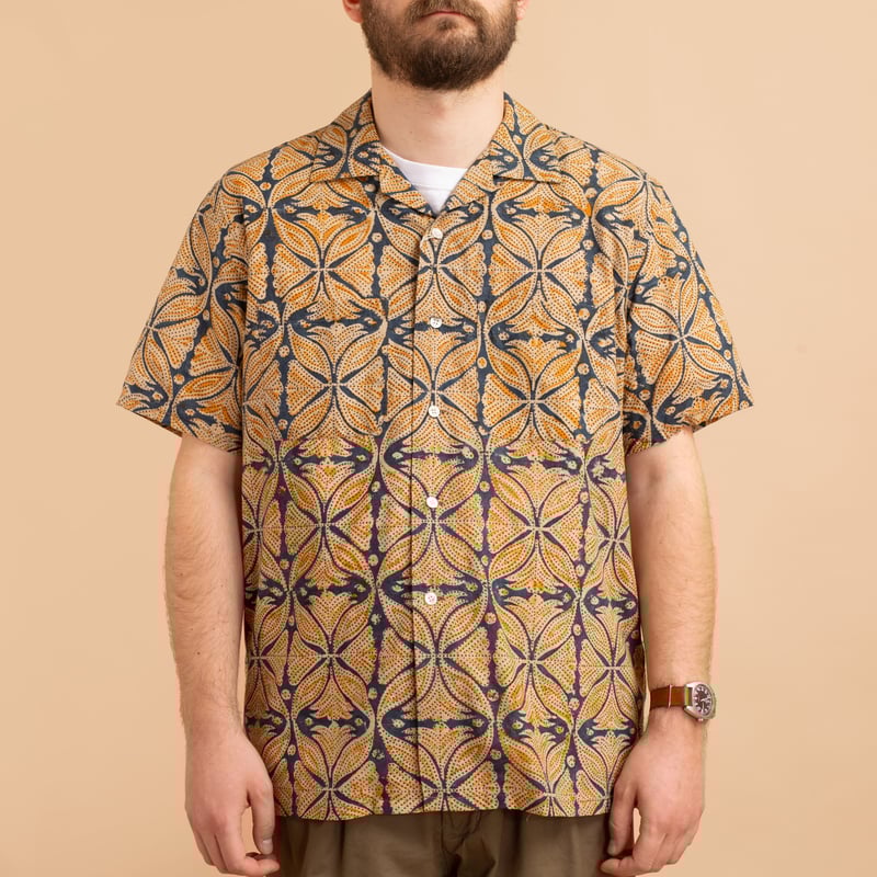 Open Collar Short Sleeve Shirt Block Print Blue