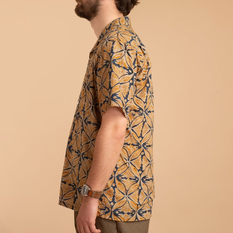 Open Collar Short Sleeve Shirt Block Print Blue