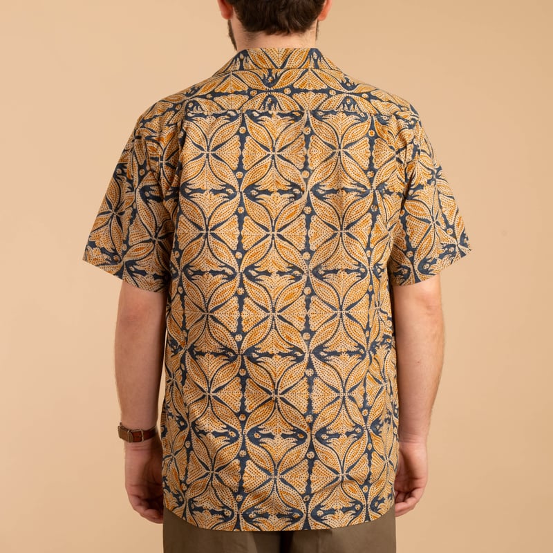 Open Collar Short Sleeve Shirt Block Print Blue