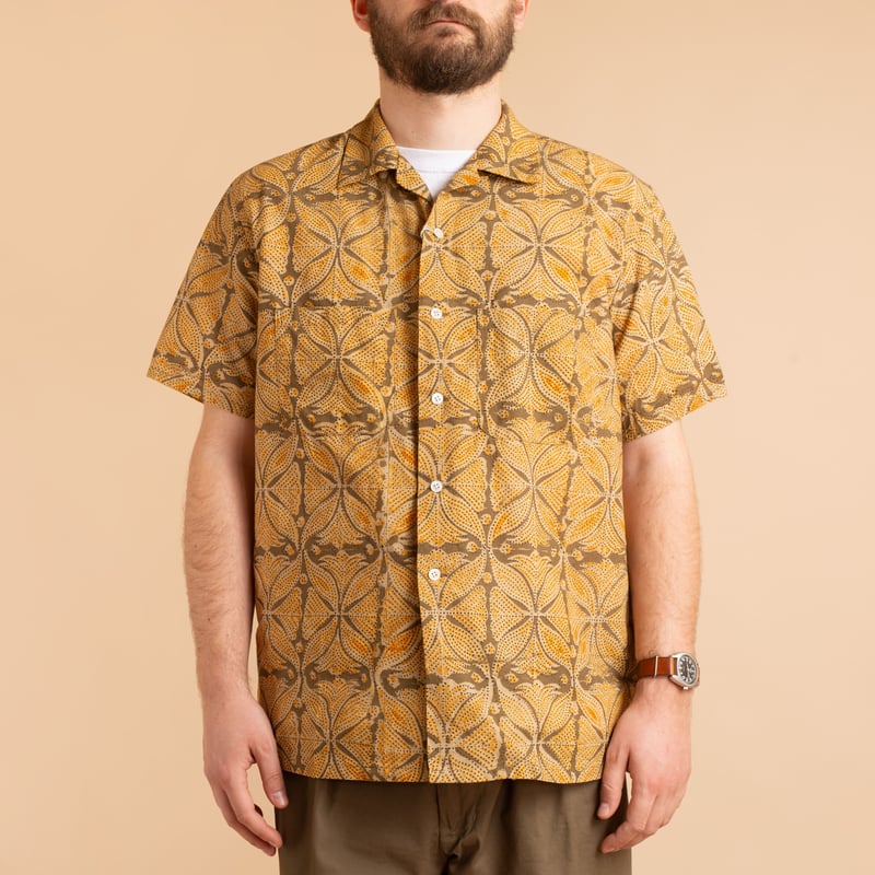 Open Collar Short Sleeve Shirt Block Print Khaki
