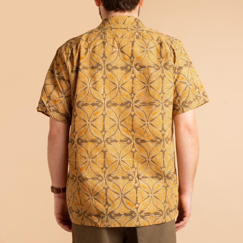 Open Collar Short Sleeve Shirt Block Print Khaki