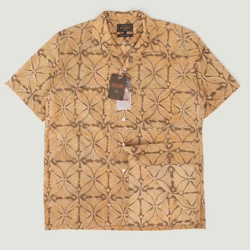 Open Collar Short Sleeve Shirt Block Print Khaki