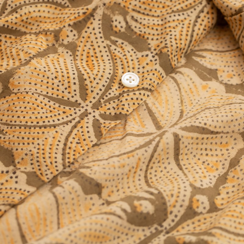 Open Collar Short Sleeve Shirt Block Print Khaki
