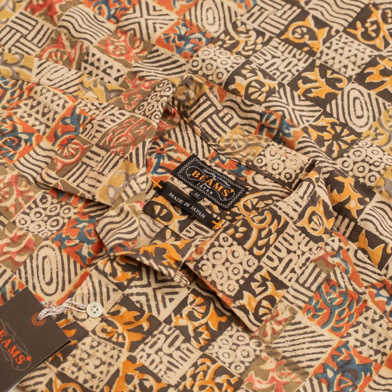 Open Collar Short Sleeve Shirt Block Print Square