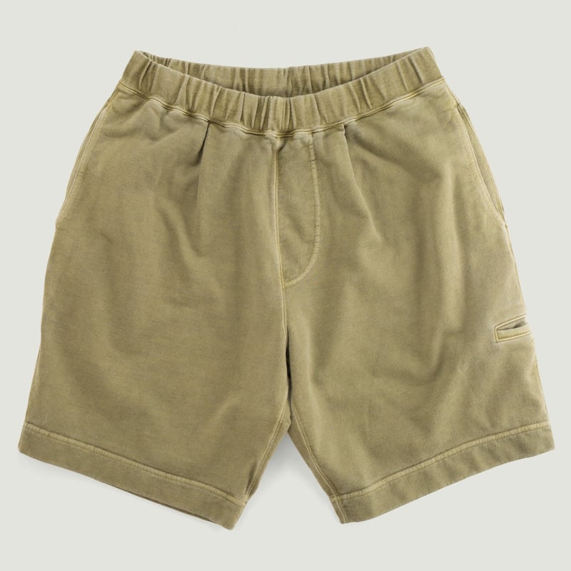 These are shorts made of light terry fabric in the color sage.