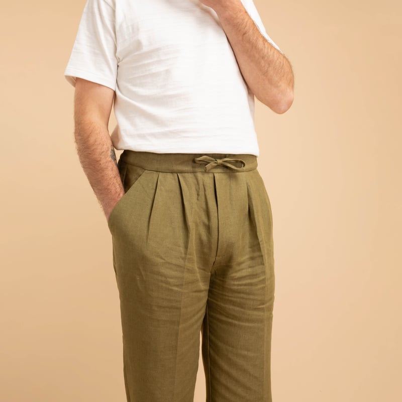 T005 Linen Drawstring Trousers Moss