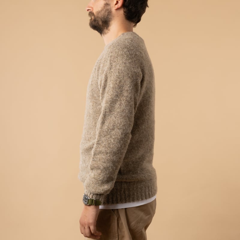 brown mushroom-colored HARLEY OF SCOTLAND shaggy sweater with side detail