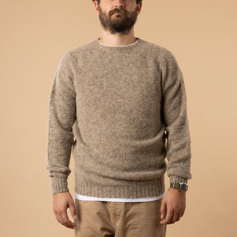brown mushroom-colored HARLEY OF SCOTLAND shaggy sweater seen from the front