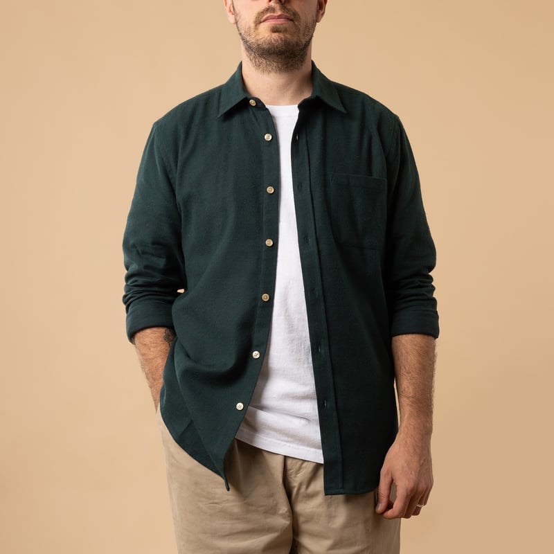 PORTUGUESE FLANNEL Teca Shirt in Green, front open cotton shirt.