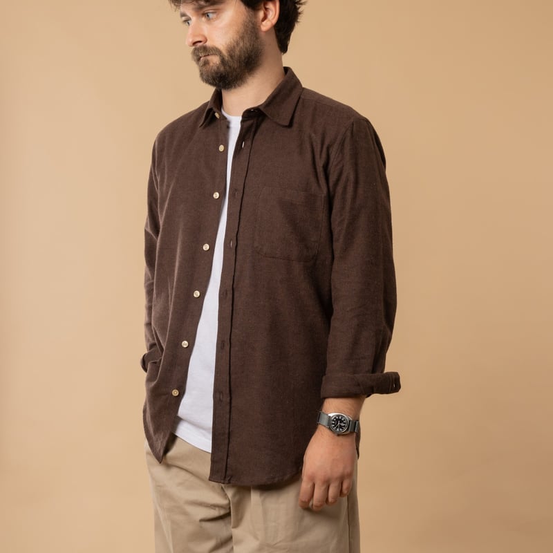 PORTUGUESE FLANNEL Teca Shirt in Brown, front open cotton shirt.