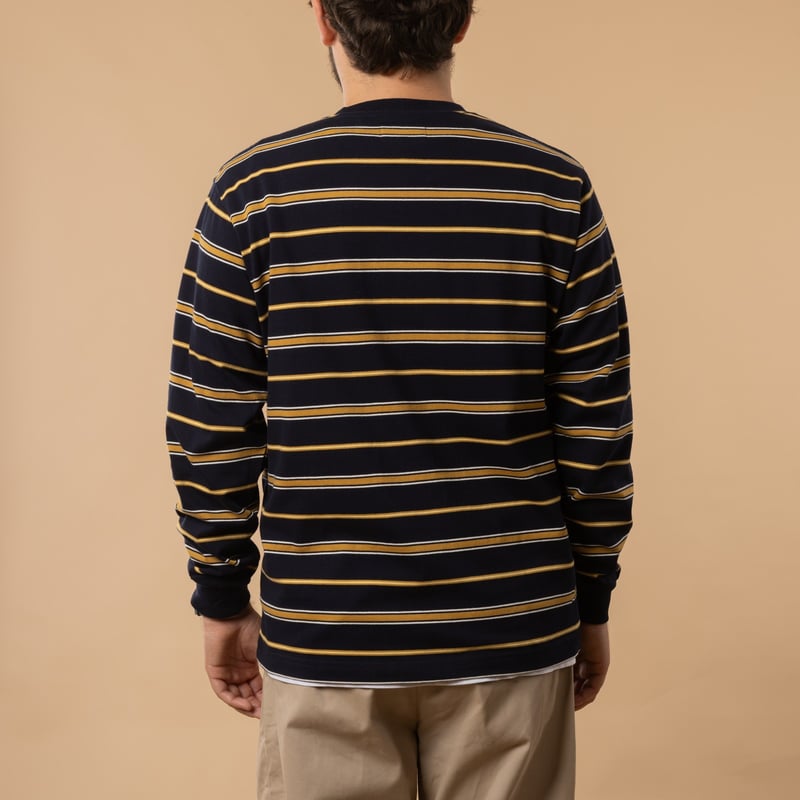 Long-sleeve BEAMS PLUS Pocket Tee Multi Stripe in Navy color, back view